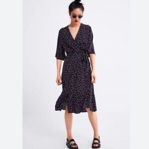 Zara Polka Dot Wrap Midi Maxi Long Dress Size Small Blue Red Career Office Work